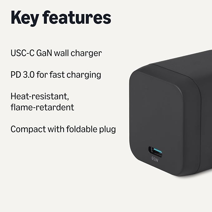 Amazon Basics Fast Charging USB C Nano GaN Wall Charger, 65W 1-Port PD 3.1 for Laptops Tablets Phones, Black
