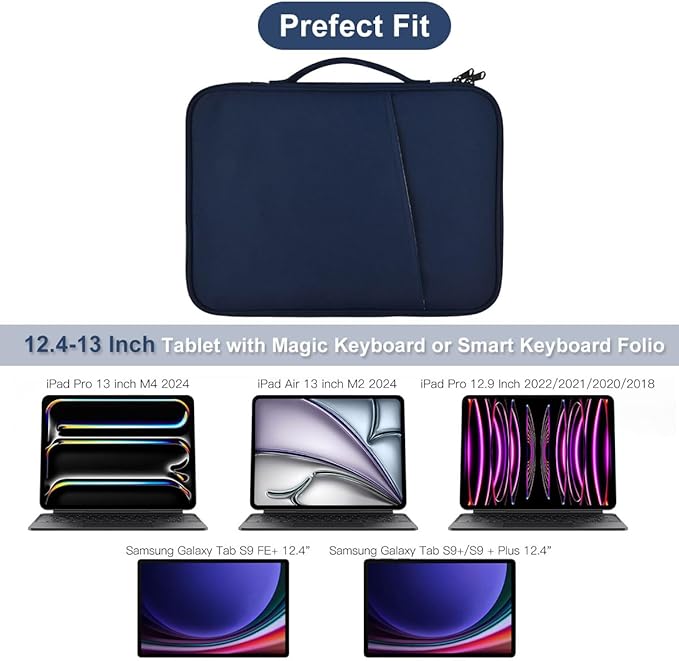 12.9 Inch Tablet Carrying Bag for Samsung Galaxy Tab S9+ Plus/S8+/S7+ Plus/S7 FE 12.4" & 13 inch iPad Pro M5 M4, iPad Air M4 M3 M2 2026-2024, Surface Pro 11 Snapdragon,10,9,8,X,7+,7,6 Sleeve Case-Blue