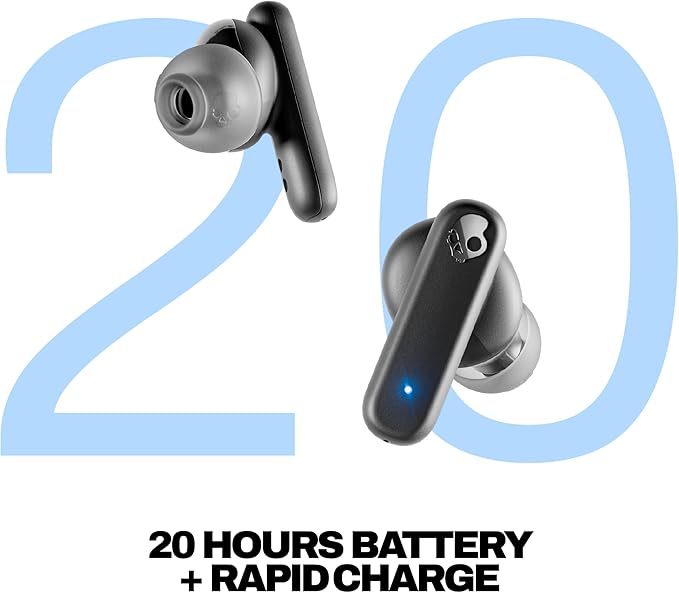 Skullcandy Smokin’ Buds Wireless Earbuds, Bluetooth Headphones, Noise Isolating Fit, Up to 20 Hours Battery, IPX4 Sweat and Water Resistant, Microphone for iPhone Android - True Black