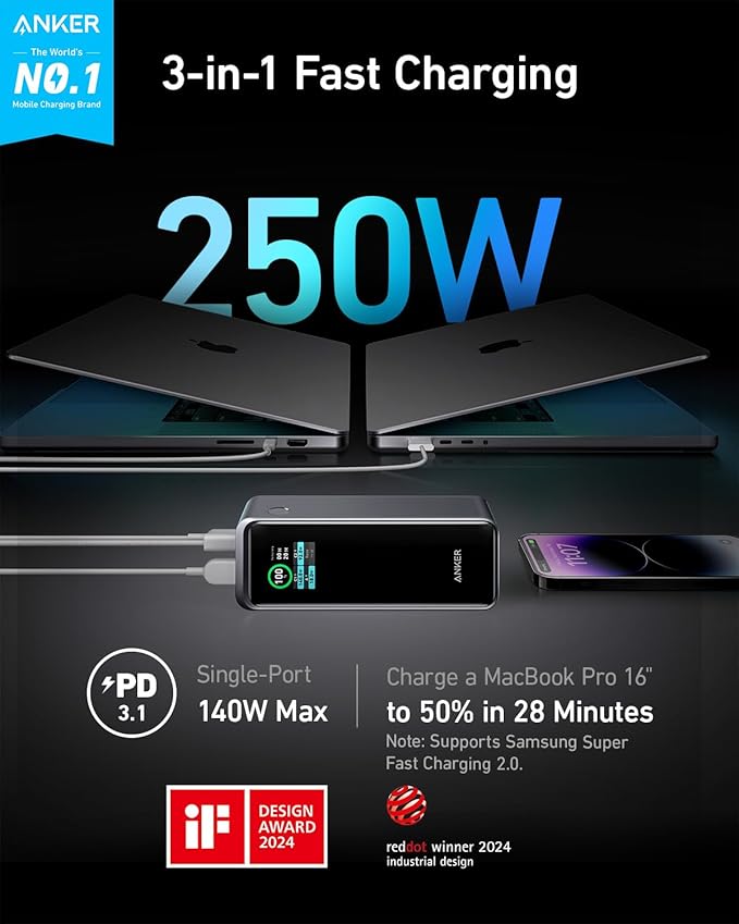 Anker Prime Power Bank, 27,650mAh 3-Port 250W Portable Charger for Travel, TSA-Approved, Smart App, for MacBook Pro/Air, iPhone 16/15/14 Series, Samsung, Laptops, and More