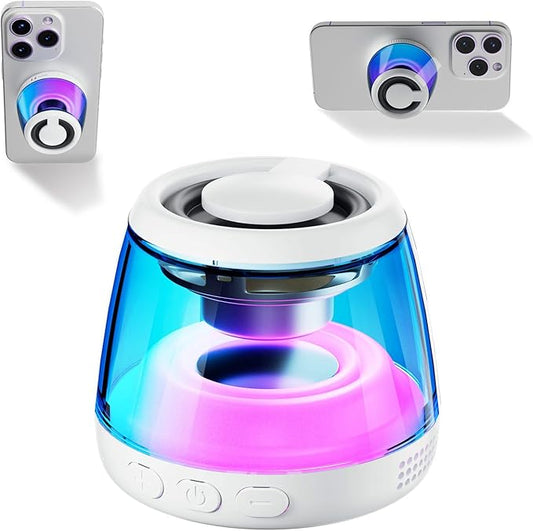 Magnetic Bluetooth Speaker,Wireless Induction Bluetooth Speaker,Mini Portable Cell Phone Stand for iPhone,Lanyard & RGB Night Light,or Home,Outdoors,Pool,Gift (White-1PCS)