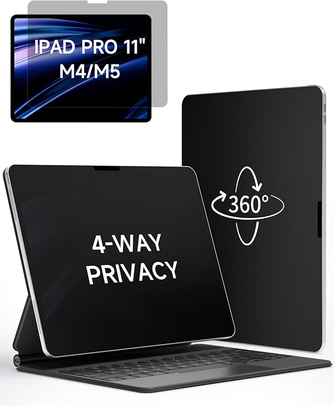 IPROKKO 360° Privacy Matte Screen Protector for iPad Pro 11 inch M4/M5 (2024/2025 5th/6th Generation),4 Way Anti Spy Glare Blue Light 11in Tablet Easy Install Low-Abrasion Paperfeel Privacy Filter [Compatible with Apple Pencil, Writing Tips Friendly]