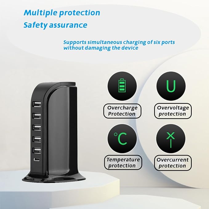 USB Charging Station for Multiple Devices, 5 USB Ports + 1 Type C Multiport Charger Tower, Compatible with Smartphones, Tablets and Other Devices (Black)