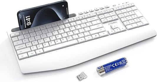 KYSONA 5th Gen Wireless Keyboard,2.4G Full-Sized Cordless Ergonomic Keyboard with Wrist Rest, Phone ipad Holder, Adjustable Angle, Compatible with Laptop/PC/Mac/Windows, White