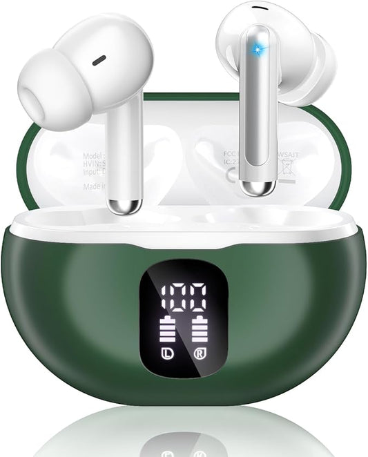 Wireless Earbuds, Bluetooth 5.4 Headphones with 50H Playback, Deep Bass Stereo Ear Buds Clear Calls with LED Power Display, Light Green