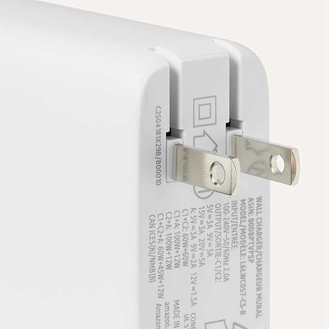 Amazon Basics Fast Charging USB C Nano GaN Wall Charger, 120W 3-Port for Laptops Tablets Phones, White