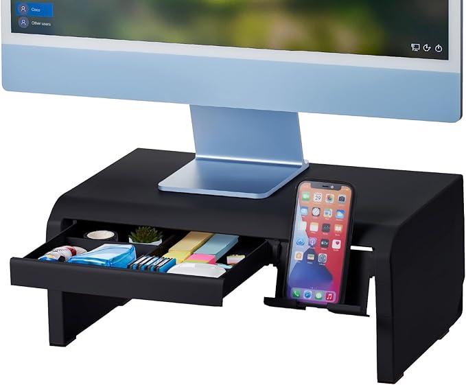 Bostitch Konnect Adjustable Monitor Riser with Drawer & Cell Phone Holder, Laptop Stand for Desk, 4 Height Levels, Cable Management & Rubber Feet