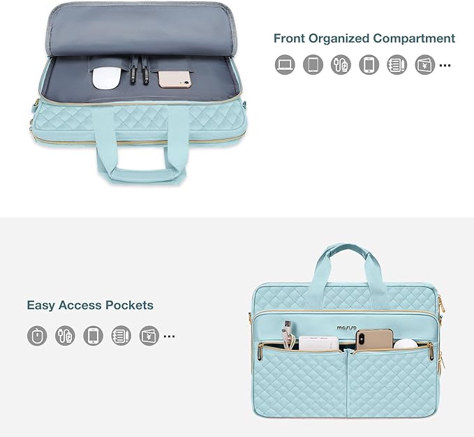 MOSISO 15-16 inch Laptop Bag, Laptop Briefcase Messenger Compatible with MacBook Pro 16/Air 15, HP, Dell, Lenovo, Square Quilted Computer Bag Work Office Business with 3 Pockets&Strap, Ice Blue