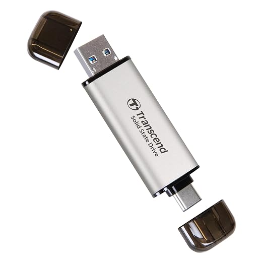 Transcend ESD310 1TB External SSD, Up to 1,050MB/s, Dual USB Drive for iPhone17,16,15, iPad&Mac/Pixel10/Tesla/Steam Deck/ROG Ally/MSI Claw/Android/PS5, 2-in-1 TypeC &A, USB3.2Gen2 Portable SSD-Silver by Transcend