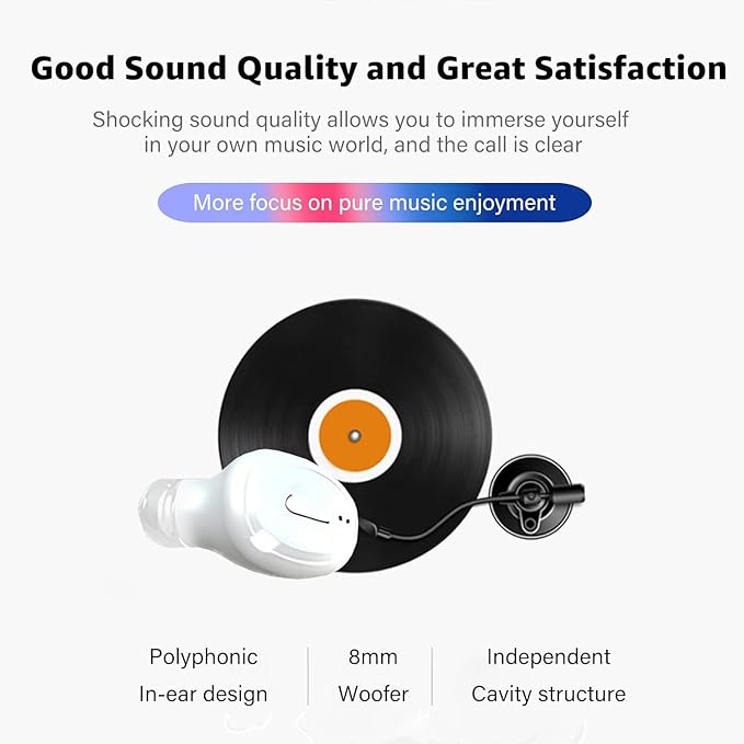 Single Bluetooth Wireless Earbud, Mini Invisible in-Ear Wireless Bluetooth Headphone 12 Hours Super Long Battery Life Suitable for Sports Work and Sleep - White