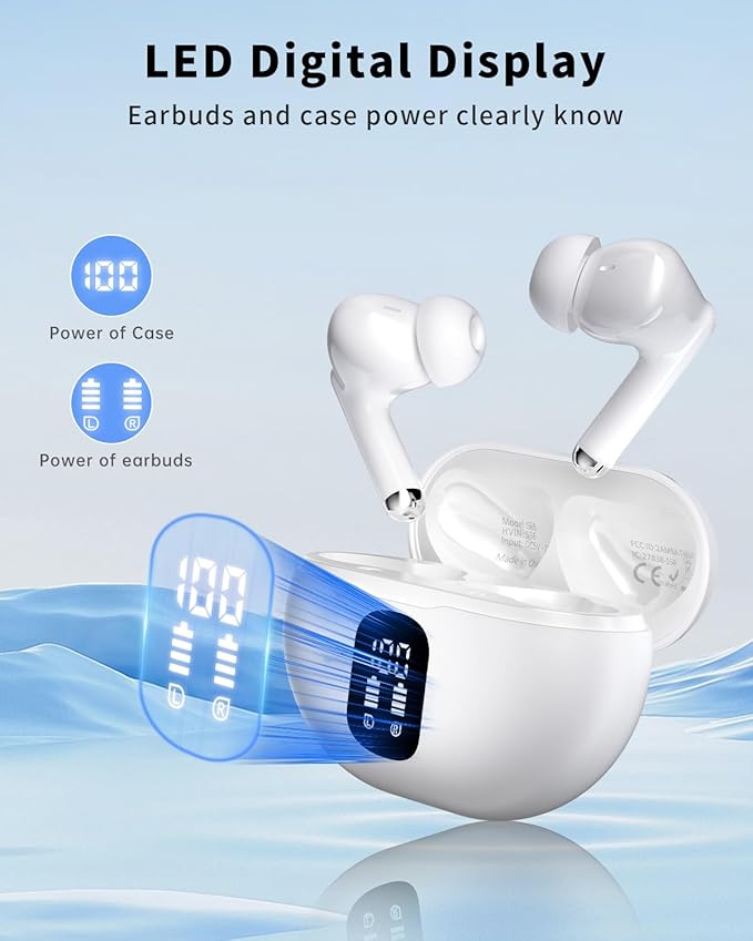 Wireless Earbuds, Bluetooth 5.4 Headphones with 50H Playback, Deep Bass Stereo Ear Buds Clear Calls with LED Power Display, IPX7 Waterproof, in-Ear Earphones with Mic for Phone/Android/iPad, White