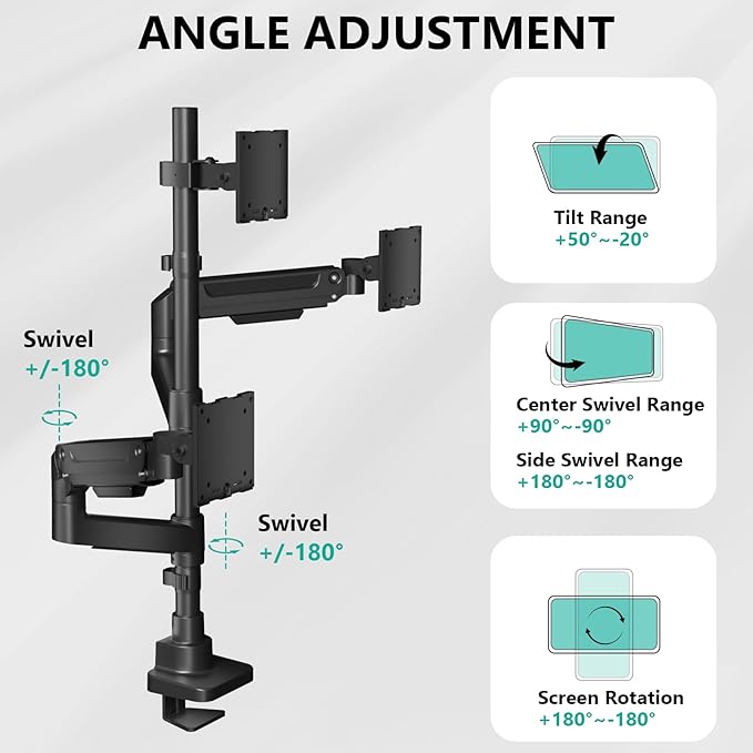 WALI Triple Monitor Mount - Extra Tall 3 Monitor Desk Mount for 13-49 Inch Ultrawide Screens, Up to 44 lbs, Fully Adjustable Heavy Duty Monitor Arm, VESA 75/100 mm (GSDM003-P), Black
