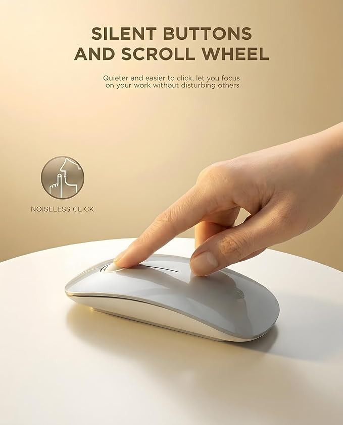 RAPIQUE R306 Wireless Mouse, Bluetooth 5.1 & 2.4GHz Dual Mode Silent Mouse, Silver Gloss Top with White Matte Base, Slim Portable Mouse for Laptop, MacBook,Tablet, Chromebook (Silvery)