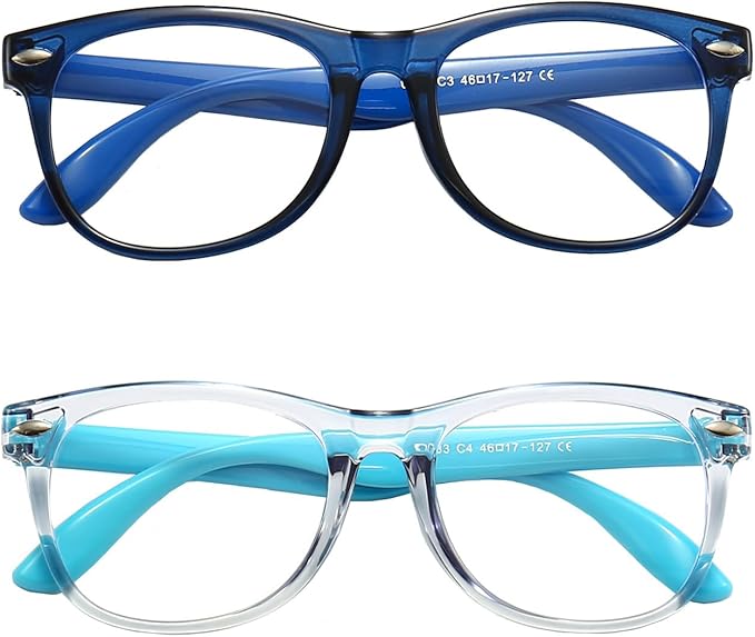 FANNYGO 2 Pack kids Blue Light Blocking Glasses For Girls And Boys Computer Blue Light Blocking Glasses For Age 3-11 (Dark blue + Light blue)