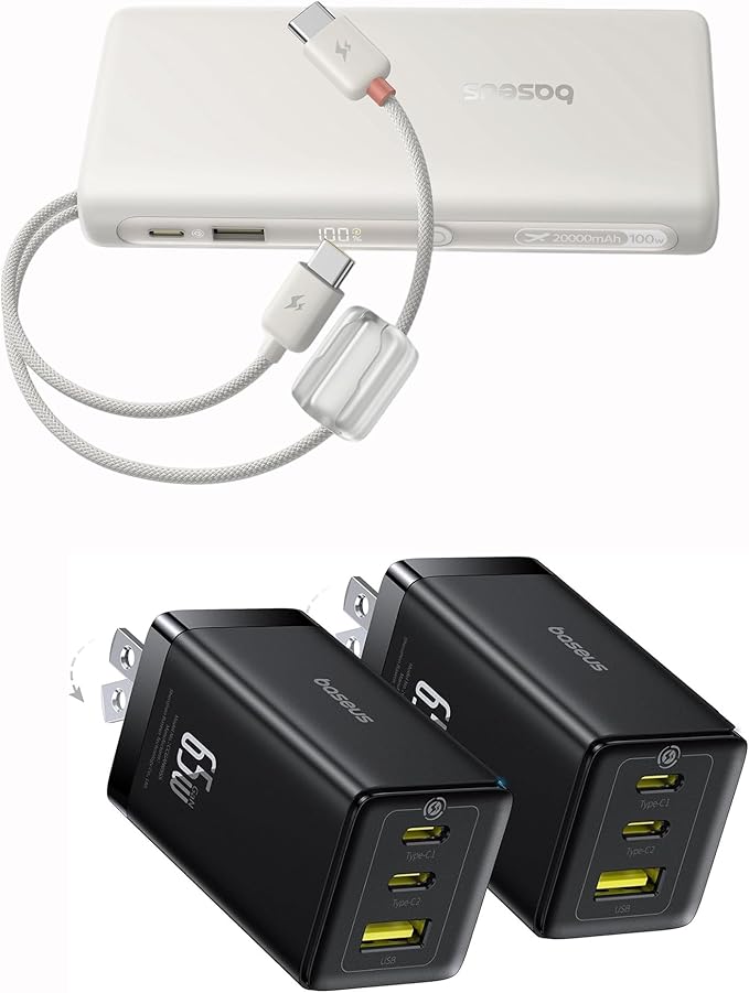 Baseus Portable Charger with Built in Cable, 100W Laptop Power Bank 20000mAh Bundle with 2 Pack 65W USB C Charger Block, PPS 3-Port Fast Compact Foldable USB C Charger