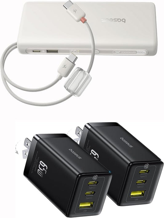 Baseus Portable Charger with Built in Cable, 100W Laptop Power Bank 20000mAh Bundle with 2 Pack 65W USB C Charger Block, PPS 3-Port Fast Compact Foldable USB C Charger