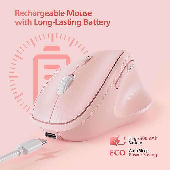 Micropack Wireless Bluetooth Mouse Ergonomic Vertical for Laptop MacBook PC Tablet Rechargeable Silent Click Multi-Device 3-Mode 2.4G Adjustable DPI Compatible with Windows Android iOS MacOS Pink