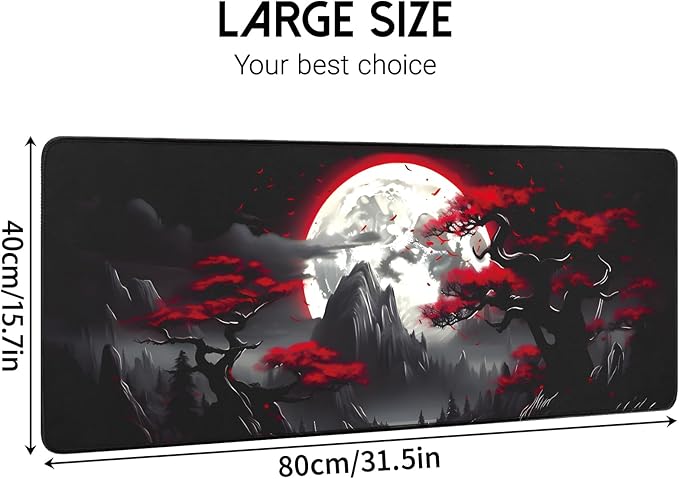 Large Gaming Mouse Pad, Anime Black Mousepad with with Non-Slip Base, Expanded Cool Desk Mat, Mountain Moon Scenery XL Keyboard Mat Suitable for Home Office,31.5 X 15.7 Inch