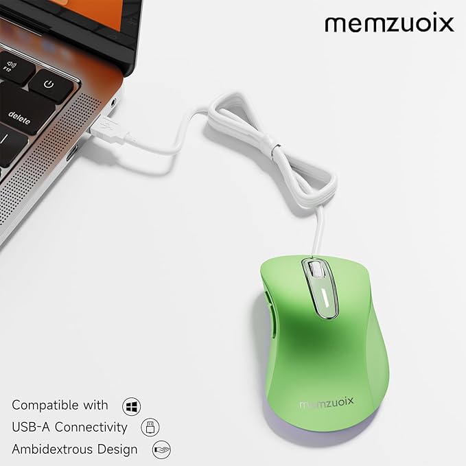 memzuoix Wired Mouse, USB Computer Mouse 1400 DPI Mobile Optical Mouse Ergonomic Design Computer Mice with 5FT Cord for Laptop, PC, Desktop, MacBook, 5 Buttons (Green)