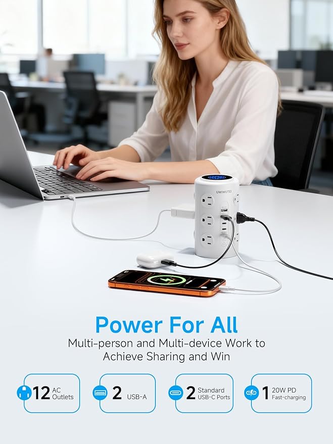 Tower Power Strip with 1 Dedicated PD 20W Fast-Charging Port, 12 Outlets, 5 USB Ports (3 USB-C), 1800J Protector, Desk Charging Station for Multiple Devices, 6FT Extension Cord, Home Office Essentials