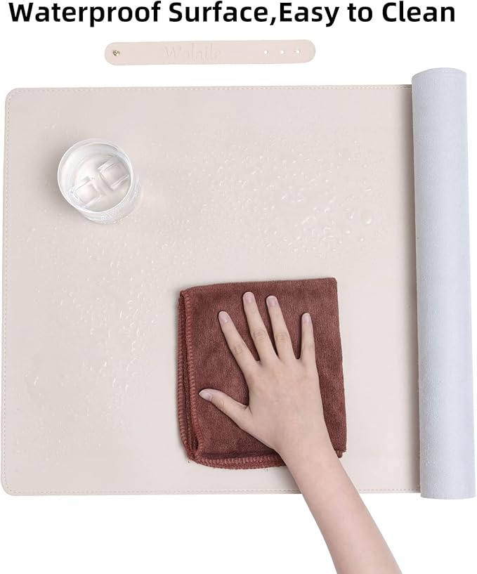 Desk Blotter Pad,27x13 inch PU Leather Computer Mouse Mat,Non-Slip Waterproof Writing Desktop Protector for Office Home,Small,Beige White