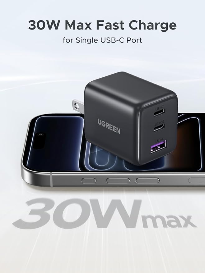 UGREEN 1 Pack 30W Charger for iPhone 17 Fast Charging, 3 Port GaN Charger Block with 6.6ft USB-C Cable for iPhone 17/Air/16/15/14, Galaxy S26/S25/S24, Pixel 10/9/8/7, iPad and More, Matt Black
