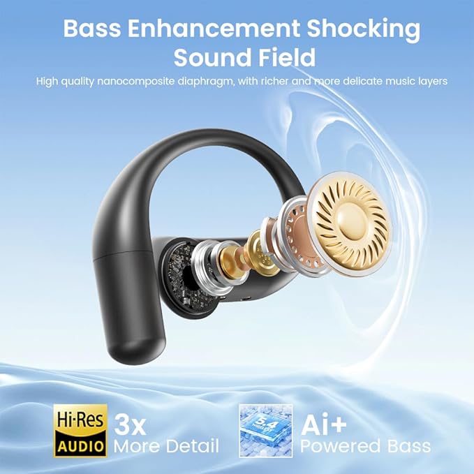 Open Ear Earbuds Bluetooth AI Ear Buds 60Hrs Playtime Wireless Over Headphones with Earhooks IPX7 Waterproof Touch Control Air Conduction Sport Headsets Earphones for Workout Running Grey