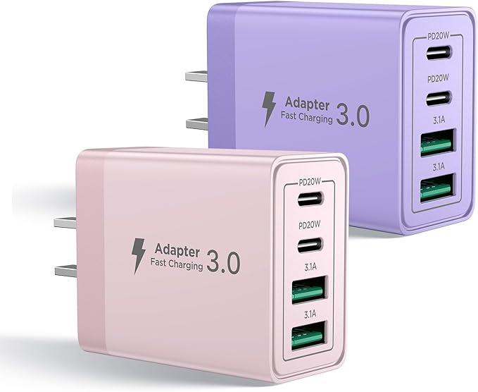 [2-Pack] USB C Charger Block, 4 in 1 USB C Wall Charger PD 3.0 40W Charging Blocks, QC 2A USB Wall Charger for iPhone 17 16 15 14 13 12 Pro Max, iPad, iPod