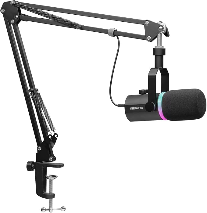 FEELWORLD PM1 XLR USB Dynamic Microphone with Boom Arm Stand Gifts for Podcast Recording PC Computer Gaming Live Streaming Vocal Voice-Over, Studio Metal Mic, RGB Light, Mute Button, Headphones Jack
