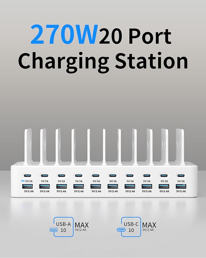 270W Charging Station for Multiple Devices, 20-Port USB Fast Charging Station with Adjustable Dividers & 10 Cables, Multi Device Organizer Charging Dock for iPhone, iPad, Tablets & More(White)