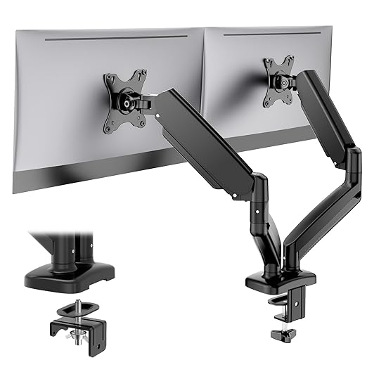 DUMOS Set of 2 Dual Monitor Stand for Desk, Gas Spring Monitor Arm for 2 Monitors Max 32 Inches, Fully Adjustable Double Monitor Mount, VESA Mount with C-Clamp/Grommet Base, Holds Screen 17.6 lbs