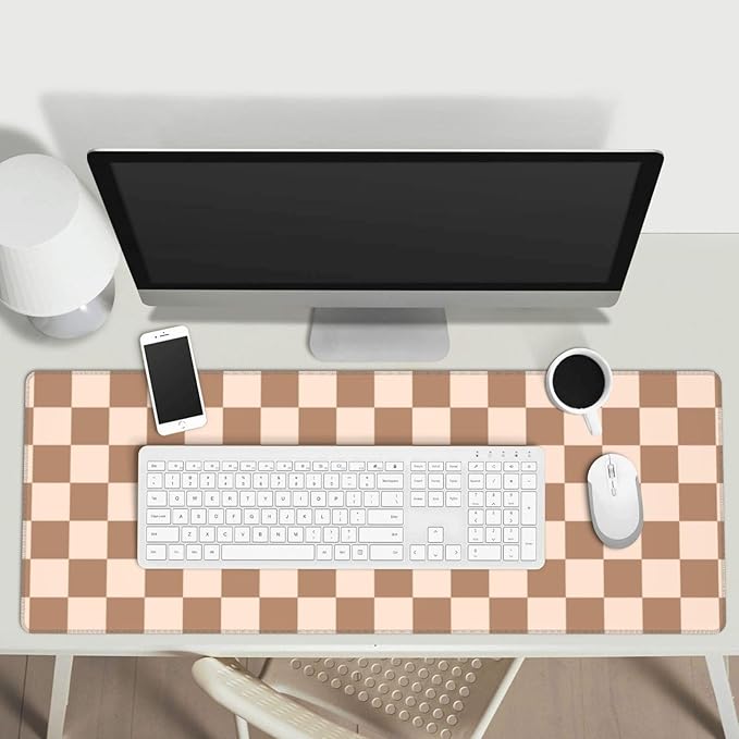Checkered Brown Gaming Mouse Pad Desk Mat for Home and Office, Large Mousepad Extended Keyboard Pad Stitched Edge Accessories Decor