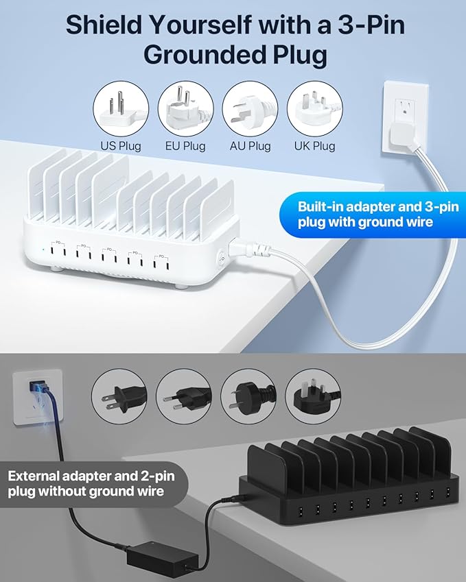 SooPii Multi USB Charging Station,100W 10-Port Type C Fast lPad Charging Station for Multiple Devices with 10 Cables and Adjustable Dividers, Compatible with Phone, Tablet,Kindle and More(White)