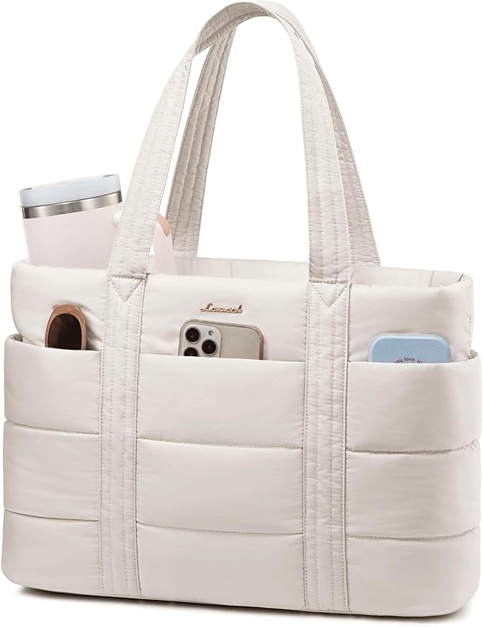 LOVEVOOK Tote Bag for Women, Large Puffer Work Tote Bag for 15.6 Inch Laptop, Lightweight Travel Tote with Zipper Gifts for Women