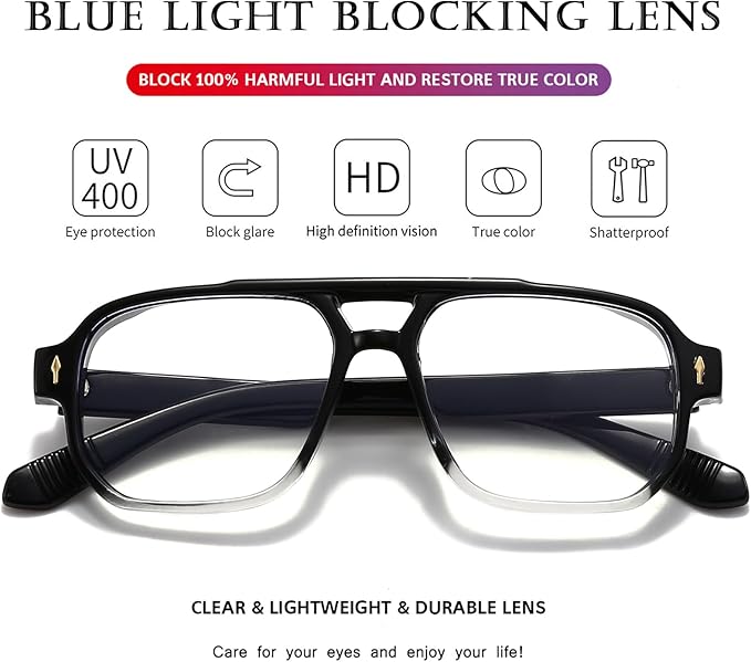 PORADAY Blue Light Blocking Glasses for Women Men 70s Retro Square Aviator Eyeglasses Rectangle Computer Eyewear