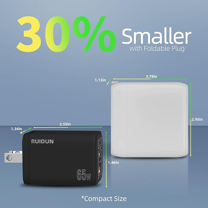 65W USB C Charger,PD3.0 GaN USB C Charger for Travel, Fast Charger for MacBook Pro/Air, iPad, Galaxy S24 Ultra, Dell XPS, iPhone 15 Pro and More (Foldable-Black)