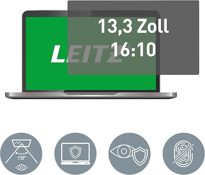 Leitz Laptop Privacy Filter 13.3 Inch (16:10), Removable Protective Film for Laptops, with Blue Light Filter and Anti-Glare Protection, Can be Used on Both Sides, Touchscreen Compatible, Made in