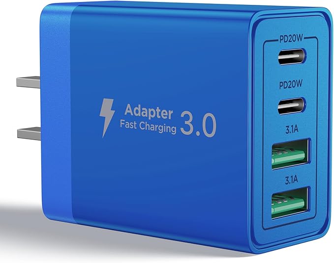 USB C Charger Block, 40W 4-Port Fast Charger 20W Type C Charging Block 3.1A USB Wall Charger Dual Port PD+QC Charging Cube for iPhone 16 15 14 13 12 Pro Max XS, iPad, Samsung Phone (Blue)