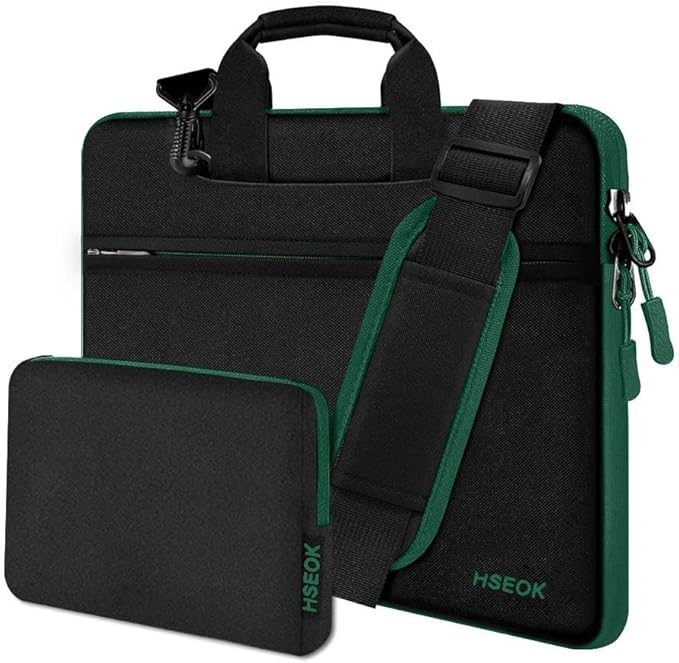Hseok Laptop Shoulder Bag 13-14 inch Shockproof Water-Resistant HandBag with Small Case Compatible with MacBook Pro/Neo 14" M5/M4/M3/M2/M1, Mac Air/Pro 13.3", XPS 13/14, Most 13"-14" PC,Black-green