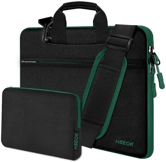 Hseok Laptop Shoulder Bag 13-14 inch Shockproof Water-Resistant HandBag with Small Case Compatible with MacBook Pro/Neo 14" M5/M4/M3/M2/M1, Mac Air/Pro 13.3", XPS 13/14, Most 13"-14" PC,Black-green