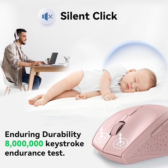 TECKNET Wireless Mouse, 2.4G USB Computer Mouse with 6-Level Adjustable 4800 DPI, 30 Months Battery, Ergonomic Grips, 6 Buttons Portable for PC, Chromebook, Mac - Pink