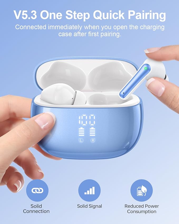 Wireless Earbuds, Bluetooth Ear Buds Headphones, 40H Long Playtime, Stereo Deep Bass, LED Power Display, IP7, Lightweight in Ear Earphone with Mic for iPhone Android Phone