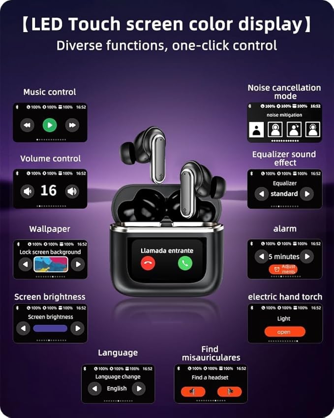 Acuvar Wireless Earbuds Bluetooth Headphones with LED Display, Stereo in Ear Noise Canceling Waterproof USB-C Headphones with Mic for iPhone Android iOS (Black)