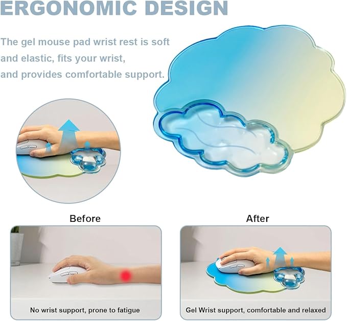 Keyboard Wrist Rest with Cloud Mouse Pad - Gradient Blue Ergonomic Gel Cloud Mouse Pad with Non-Slip Base, Cute Office Accessories for Desktop/Latop/Home/Office