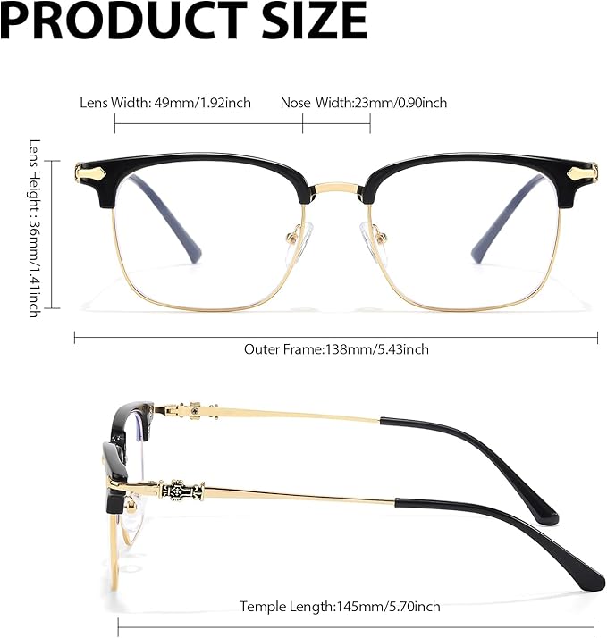 IGnaef Unisex Retro Blue Light Blocking Glasses Trendy Semi-Rimless Anti Eyestrain & UV Glare for Gaming & Reading