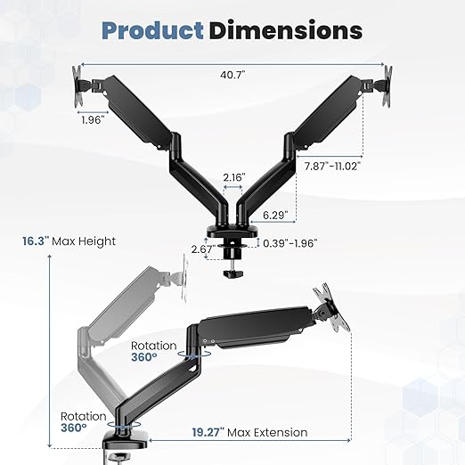 DUMOS Set of 2 Dual Monitor Stand for Desk, Gas Spring Monitor Arm for 2 Monitors Max 32 Inches, Fully Adjustable Double Monitor Mount, VESA Mount with C-Clamp/Grommet Base, Holds Screen 17.6 lbs