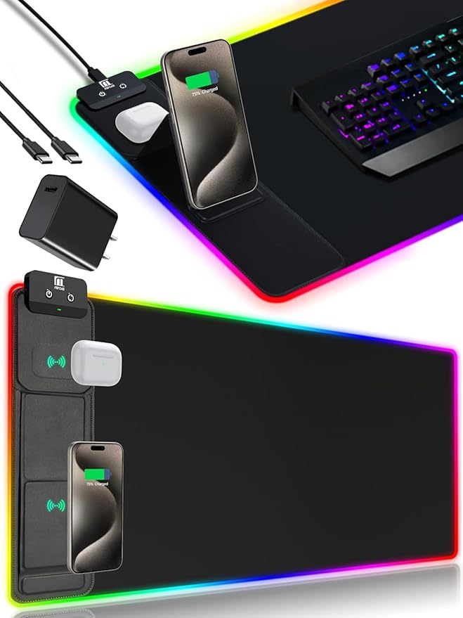 XXL Mouse Pad with Foldable Phone Holder - Black, RGB Desk Mat with 15W Fast Charging, LED Gaming Mousepad with 11 Light Colors, Waterproof Non-Slip Pad (Stand-XXL RGB Black PD Adapter)
