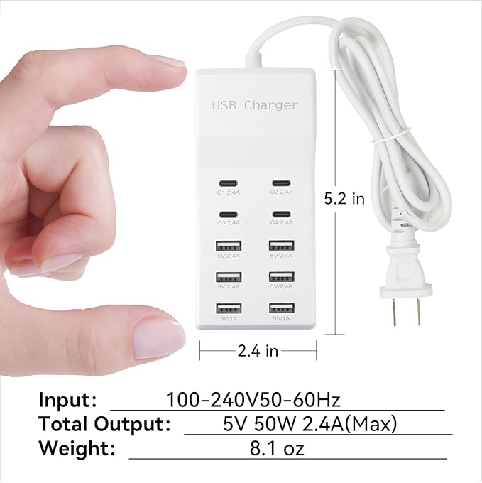 USB Charging Station with 6 USB-A & 4 USB-C Ports, 50W 10A USB Charging Block for Smart Phone, Tablet, Laptop, Multiple Devices - USB Power Strip with Auto-Detect Technology (1 PCS)