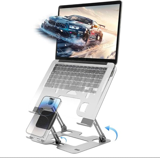 Alloy Steel Laptop Stand, Ergonomic 2-in-1 Laptop & Phone Stand, Adjustable & Portable Laptop Stand for Desk, Computer Stand, Compatible with MacBook Pro/Air and More 10-18" Laptops - Silver