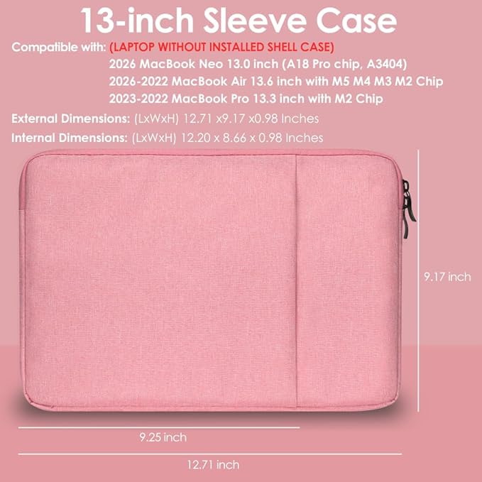 ProElife 13-Inch Laptop Sleeve Case for 2026-2022 MacBook Air 13.6 inch M5 M4 M3 M2 & MacBook Neo 13'' A18 Pro, Pro 13'' M2 Chip Accessory Water-Resistant Bag Traveling Carry Cover Case (Pink)